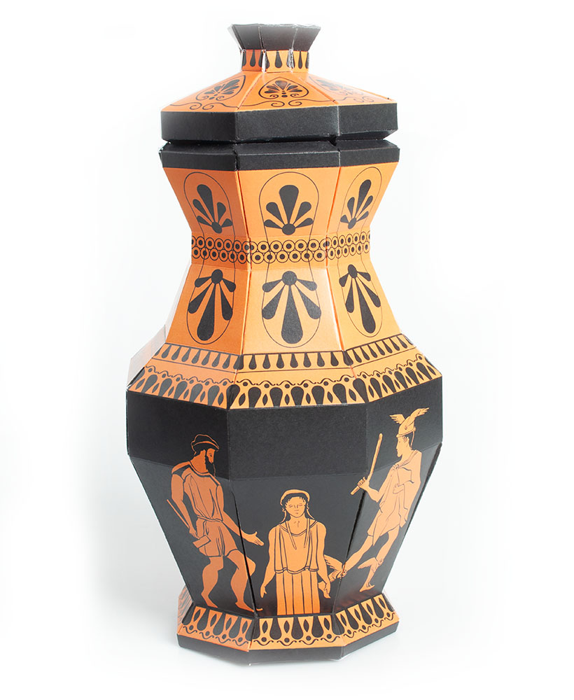 A closed paper jar depicting the myth of Pandora's creation