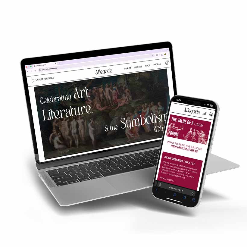 Allegoria Website mocked up on desktop and mobile