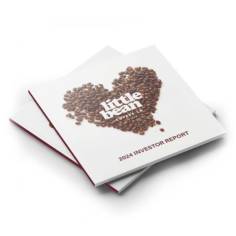 Little Bean 2024 annual report cover, depicting a heart made out of coffee beans with the logo inside.