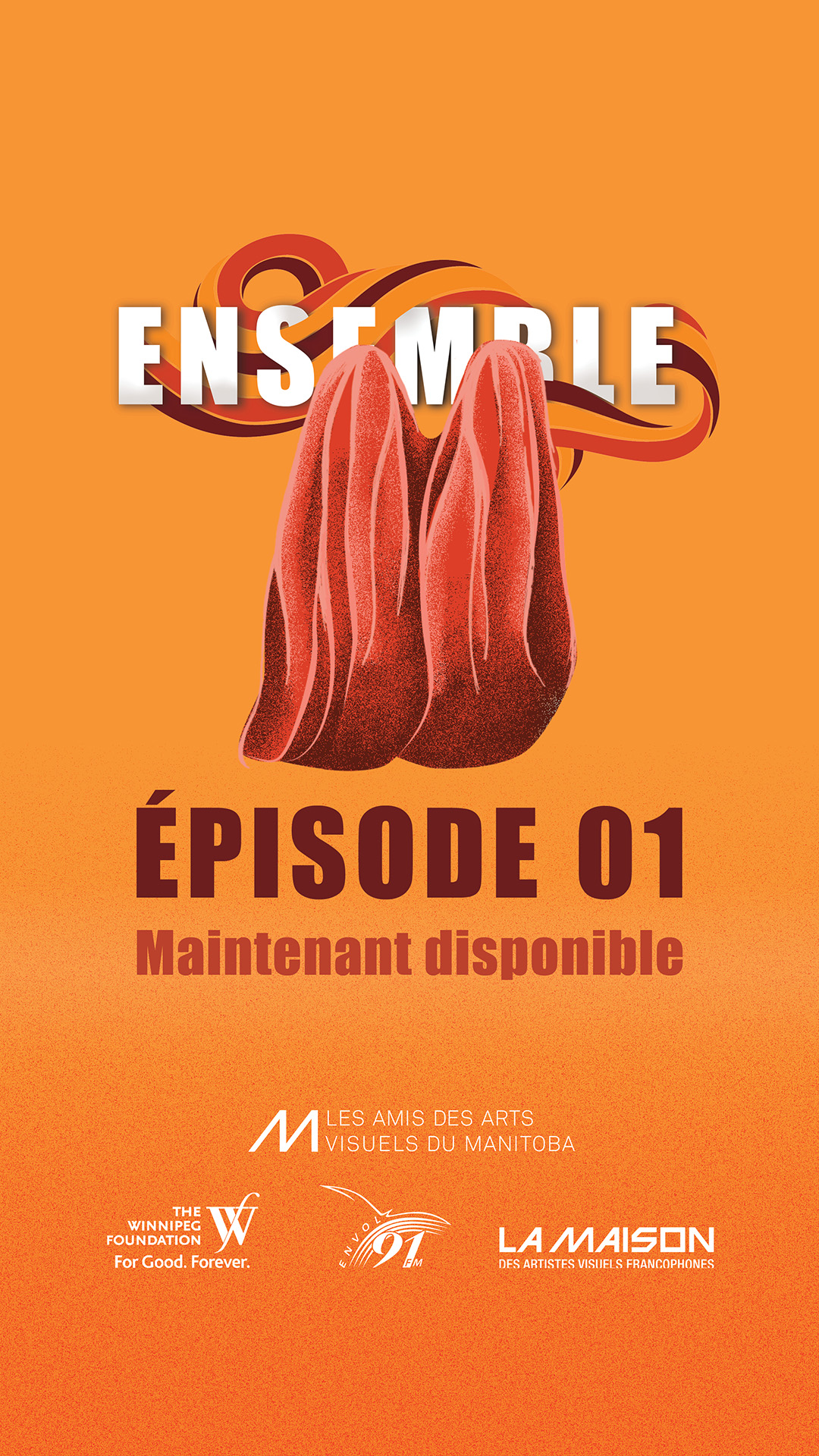 Episode 01 written in burgundy on yellow background with illustration of a red and pink statue of two ghosts