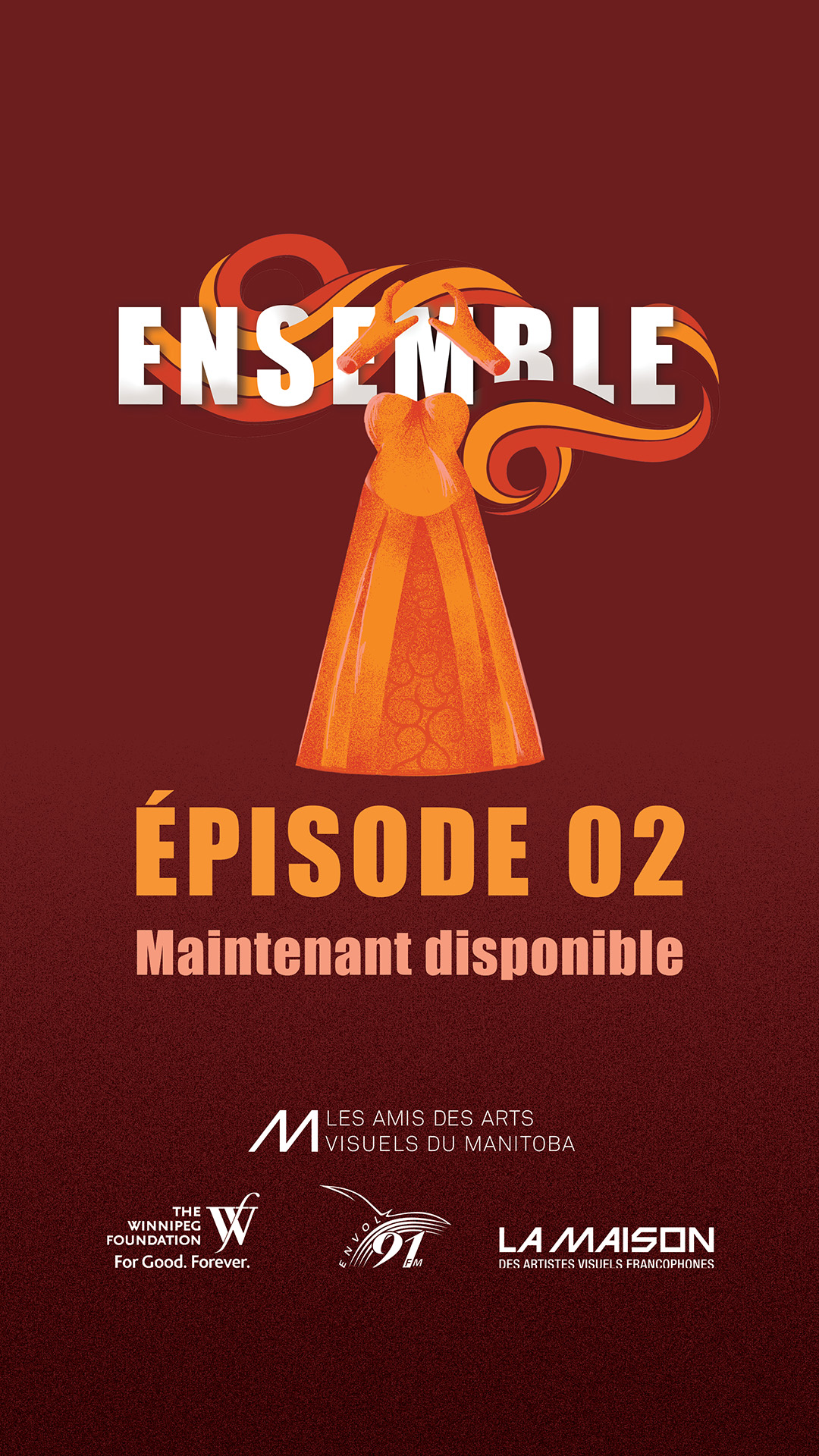 Episode 02 written in yellow on burgundy background with illustration of a yellow dress