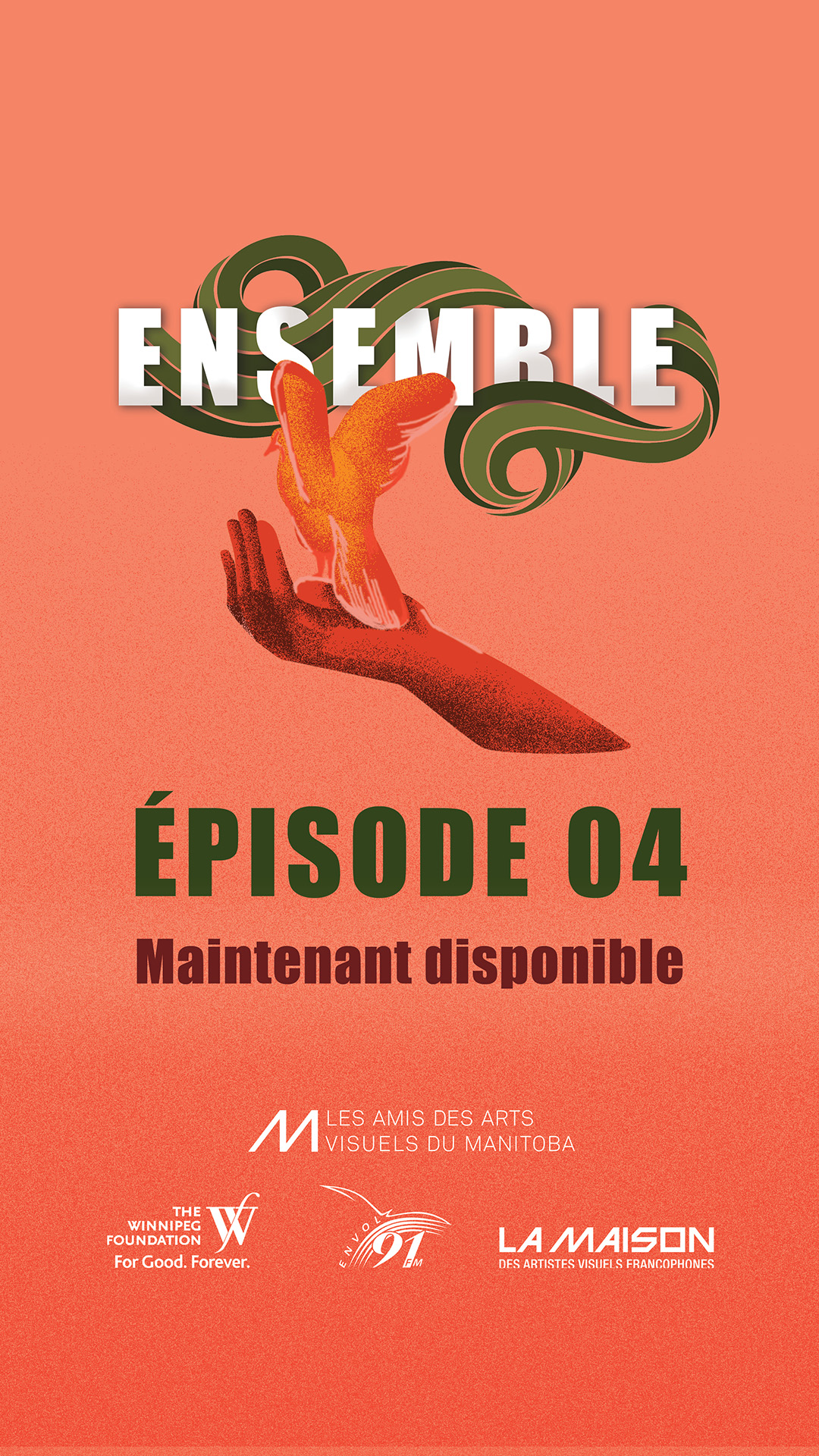Episode 04 written in green on pink background with illustration of a red hand with an orange bird in it