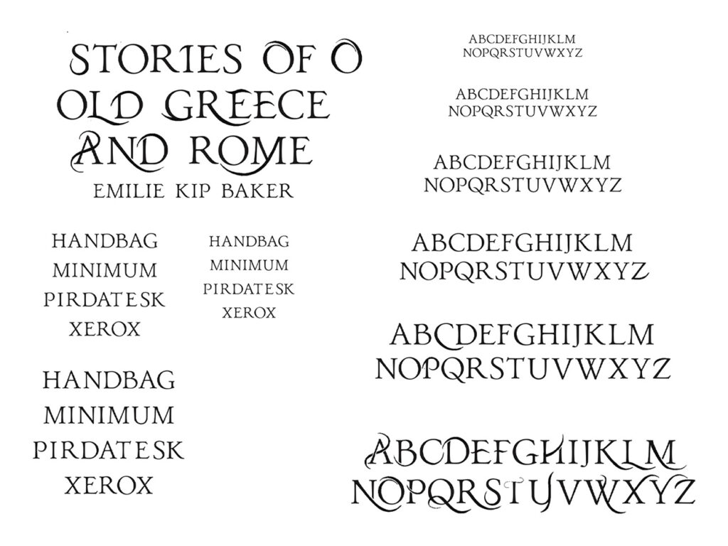 Process work of initial flourishes being drawn on classical glyphs