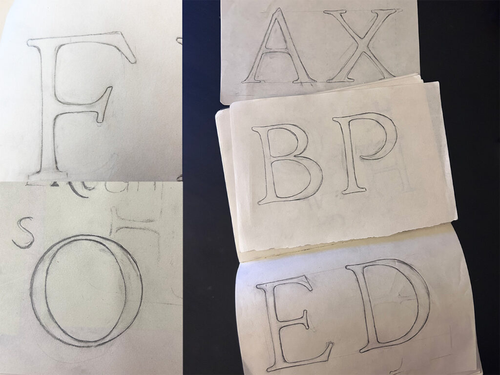 Initial drawings of characters A, X, B, P, E, D, F, O