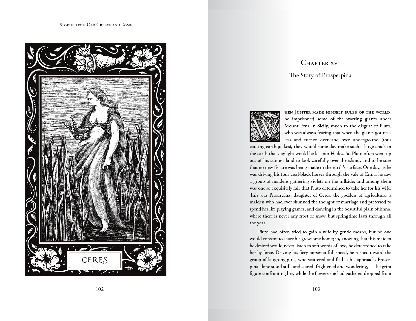 Book spread with full page portrait of Ceres