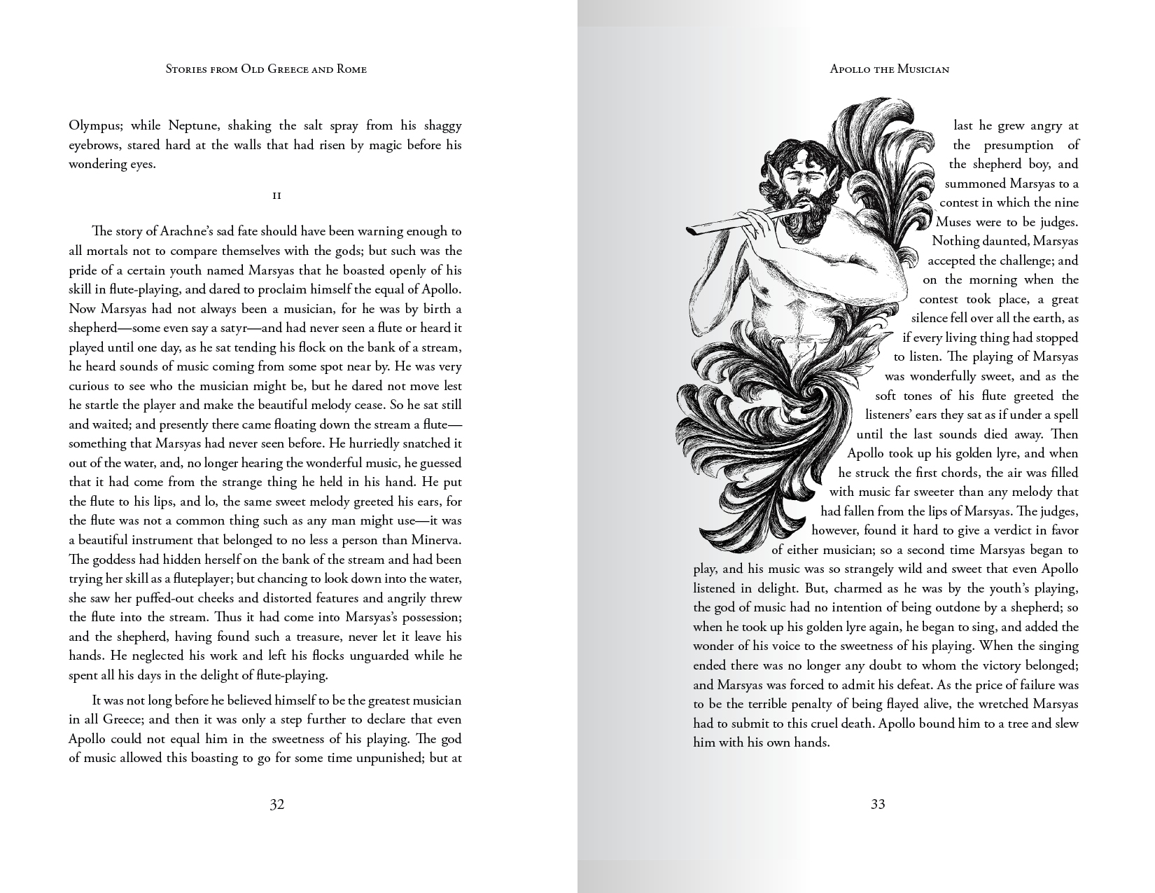 Book spread with illustration of Marsyas, the Shepard who challenged Apollo