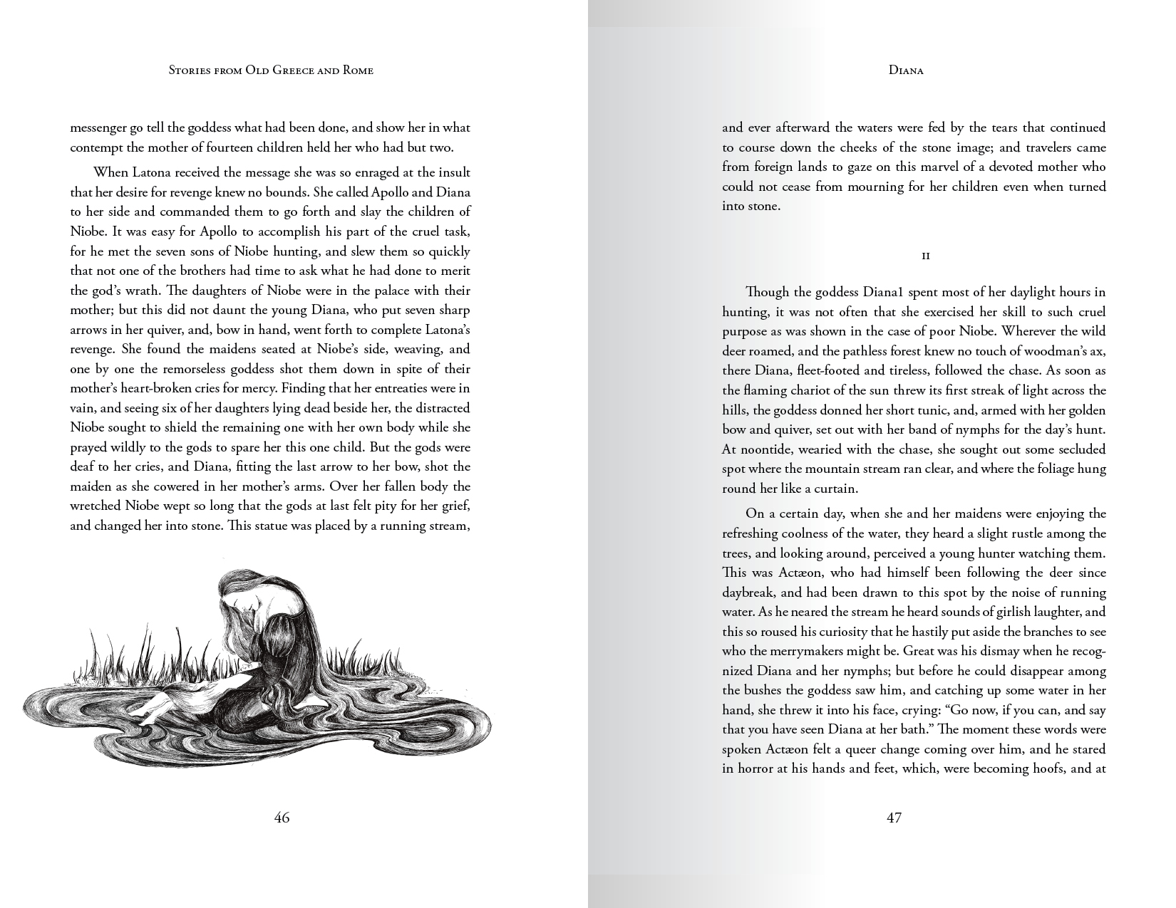 Book spread with illustration of Niomede mourning her child in a pool of her tears