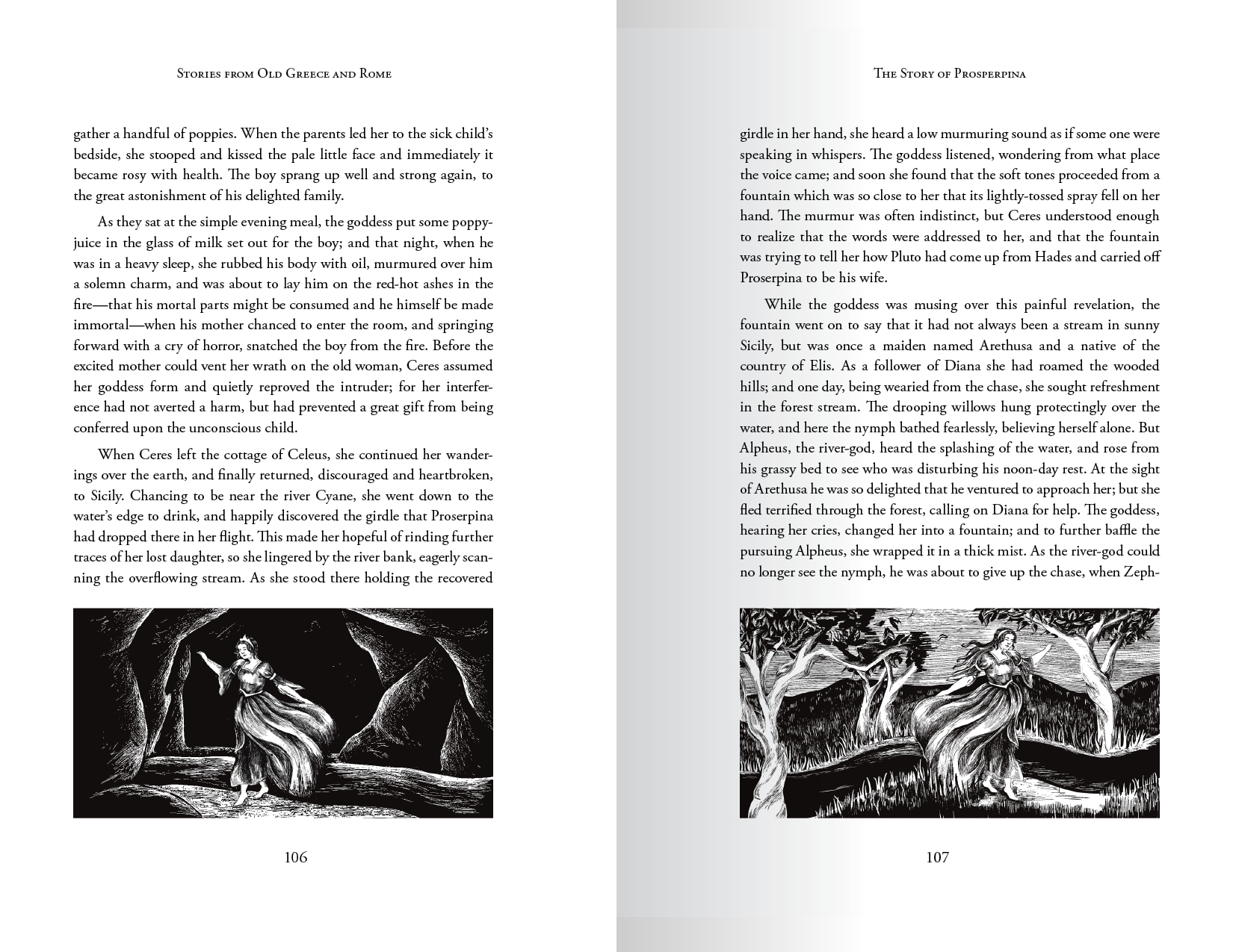Book spread with illustrations of Prosperpina in the underworld and out during spring