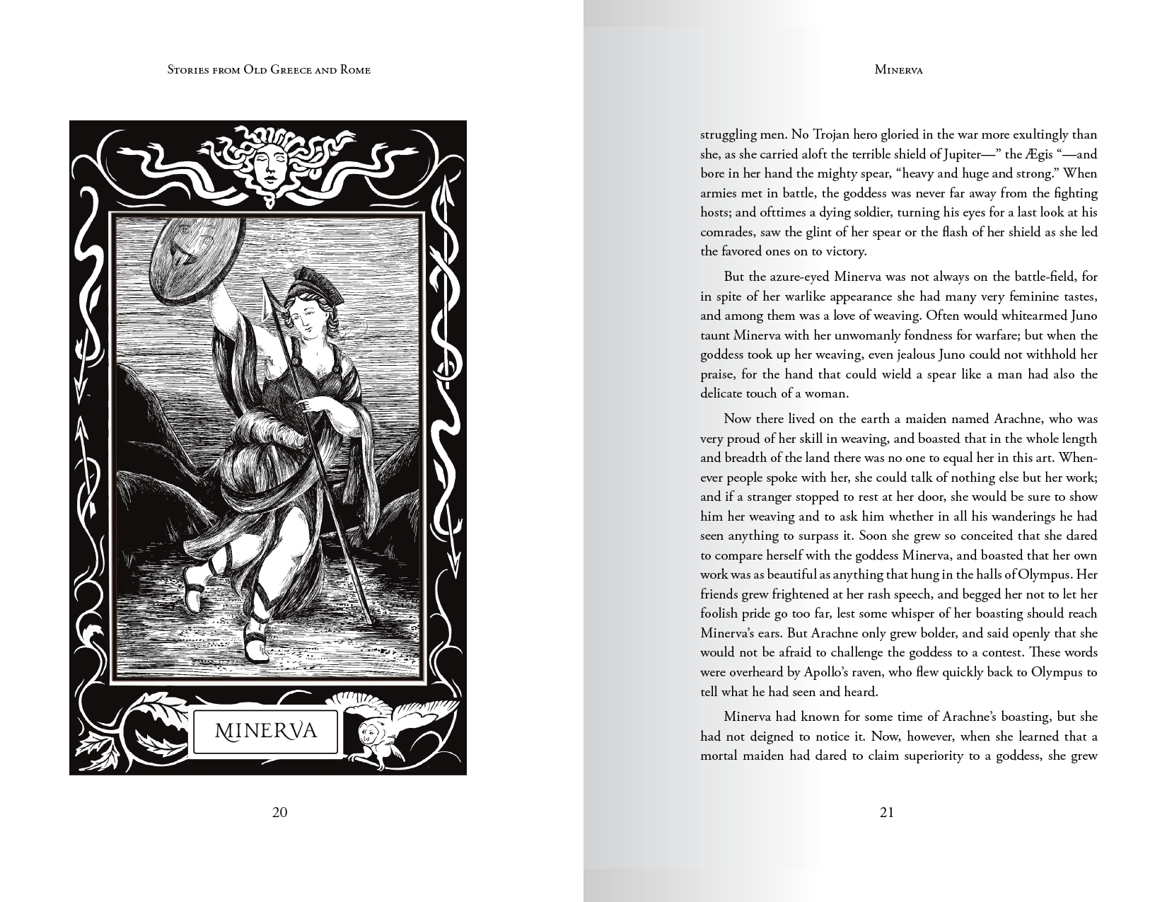 Book spread with a full page portrait of Minerva